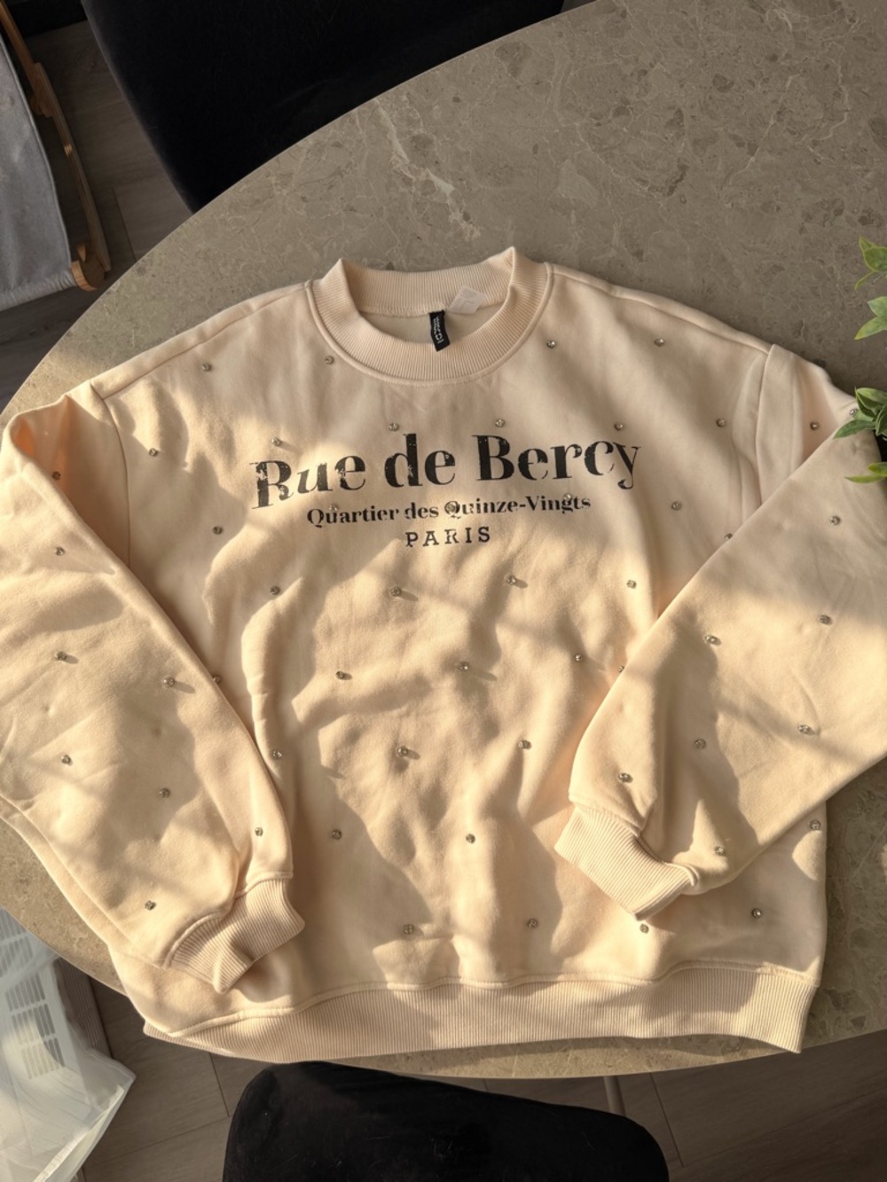 Divided Cream Crewneck Sweatshirt with Pearl Studs